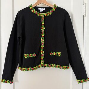 Vntg Bellepointe Black Sweater Cardigan w/ 3D Floral Crochet Flowers L: Novelty